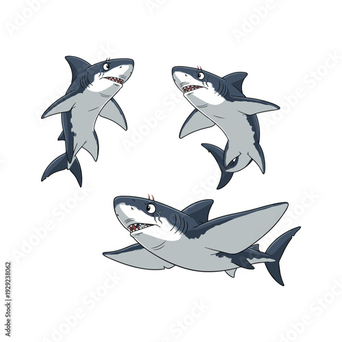 Cartoon sharks swimming in different directions on white background with copy space