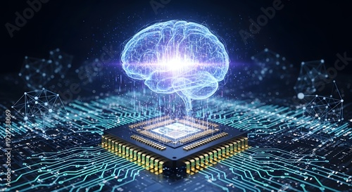 Futuristic Artificial Intelligence Brain Interacting with Central Processing Unit on an Advanced Digital Network, Illustrating Cognitive Computing and Neural Technology