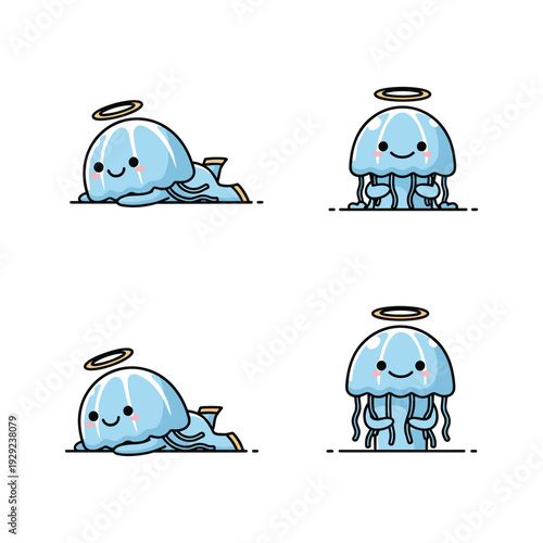 Cute cartoon jellyfish with halo in various poses on white background