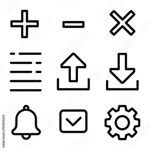 Digital interface symbols: An array of digital interface icons designed for effortless navigation in the digital realm. The collection includes plus, minus, multiplication, list, upload, download.