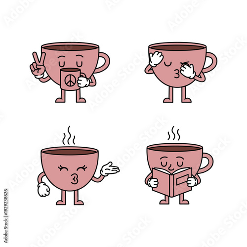 Cartoon coffee cups with different emotions and actions in a minimalist style