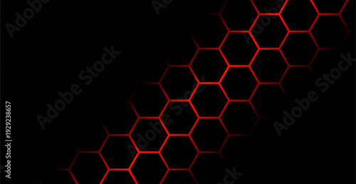 Dark futuristic hexagon background with glowing red neon effect on black surface