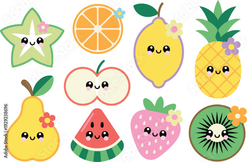 Cute cartoon fruit and berry collection illustration with animals and nature elements