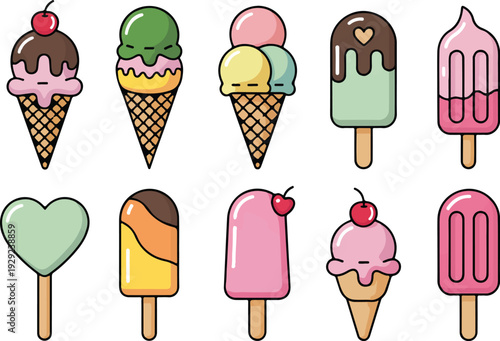 Ice cream collection with cones and scoops in chocolate vanilla and strawberry flavors summer dessert icons