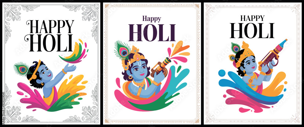 Fototapeta premium Happy Holi with Krishna and Colorful Splash