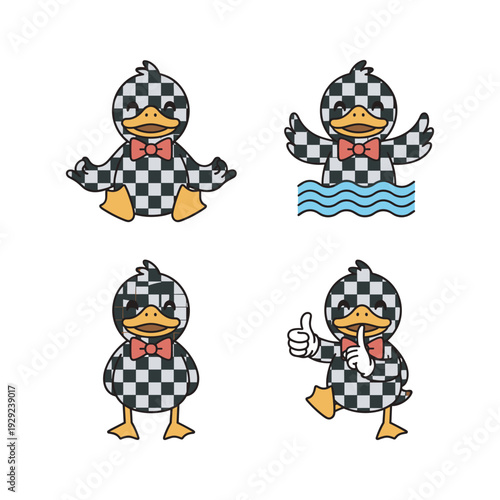 Checkered duck cartoon characters with different gestures and accessories on white background