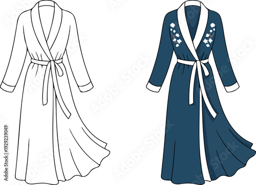 Minimal flat vector CAD illustration of elegant women’s fashion robes with floral embroidery, belt details, and stylish garment design template