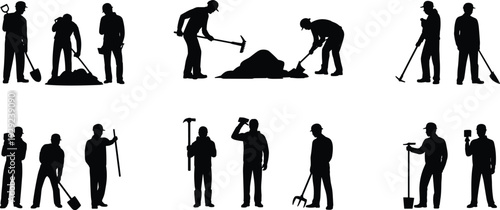 Construction worker silhouettes set, laborers digging with shovel and hammer isolated on white background industrial workforce collection