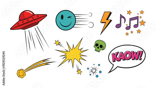 Pop Art Elements Collage: Vibrant illustrations burst forth in a collage of comic-book-style elements, creating a visual symphony of energy, intrigue, and retro flair.