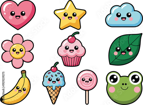 Cute funny cartoon animals and fruits collection with baby owl, pig, cow, cat, and dog faces in colorful vector style