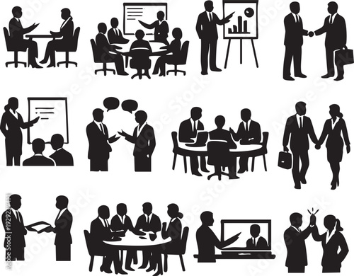 set of black silhouette icons depicting diverse business professionals engaged in various corporate activities like meetings presentations and handshakes