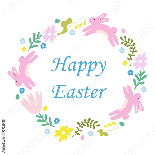 Spring Wreath with Adorable Easter Rabbit, Flowers and Eggs