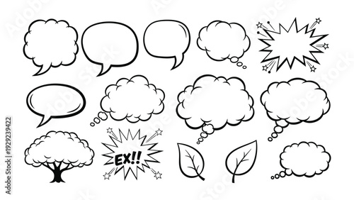 Dynamic Dialogues: A collection of various comic book speech bubbles and expressive graphic elements for crafting engaging communication and adding emphasis to visual storytelling.
