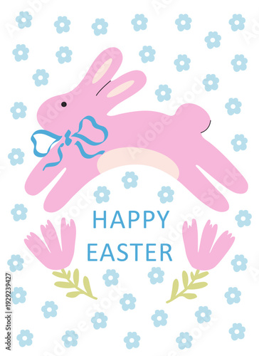 Cute Spring Easter Rabbit in Pastel Colors, Vector Postcard Illustration
