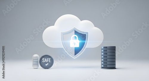 Digital data security and cloud storage protection with a secure padlock on a shield icon, databases, and safety checks