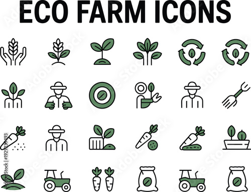 Eco farm with green and black on white background sustainable agriculture eco farm, green, black, white, sustainable agriculture, farming, plants, seeds, gardening, tractor, tools, recycling, eco frie