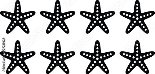 Eight black starfish silhouettes with white dots on white background sea star