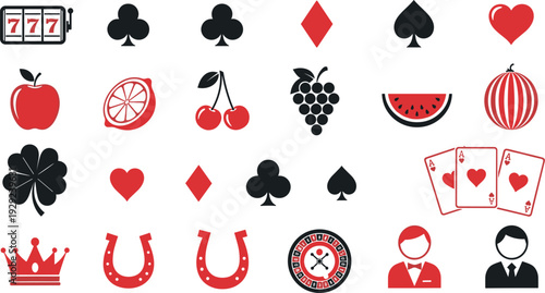 Casino Gambling Icon Set with Playing Cards, Slot Machine, Dice, Poker Symbols, Lucky Charms and Gaming Elements Vector Illustration