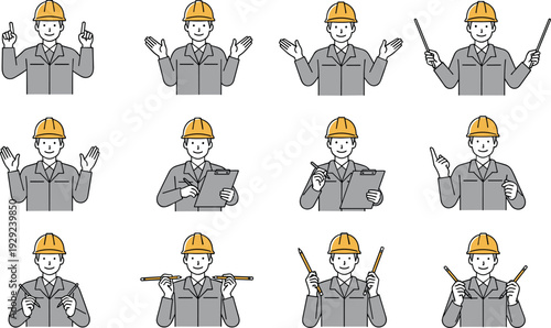 Construction Worker Gestures Set with Builder in Safety Helmet Showing Different Hand Signs and Expressions for Instruction, Warning, and Workplace Communication Design