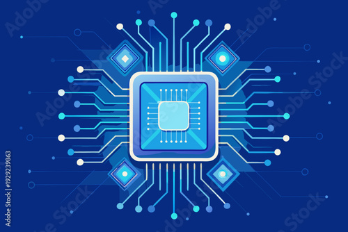 Digital illustration shows a square microchip surrounded by illuminated nodes and complex traces on a dark gradient background.