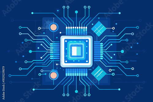 A glowing central processor unit displays electrical connections radiating outwards on a vibrant blue digital matrix background.