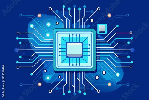 Central processing unit chip with glowing blue circuitry lines is illustrated against a dark blue background for technology concepts.