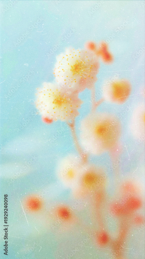 Fototapeta premium Soft blurred vintage backgrounds with Y2K floral pattern. Spring cherry blossom in soft focus with delicate shades create a calm and dreamy atmosphere.