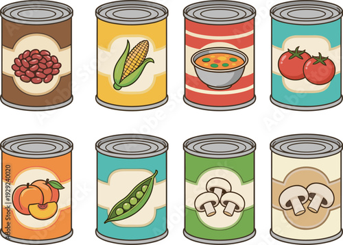 Collection of Colorful Canned Food Illustrations Featuring Pantry Staples Like Beans Corn Soup Tomato Peaches Peas and Mushrooms for Grocery Nutrition and Kitchen Design Projects