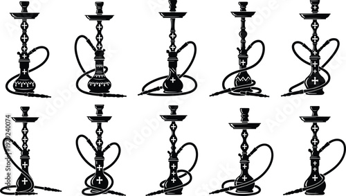 Collection of diverse hookah silhouettes showcasing unique water pipe designs, traditional shisha styles, and artistic variations for cultural, decorative, and smoking-related creative projects