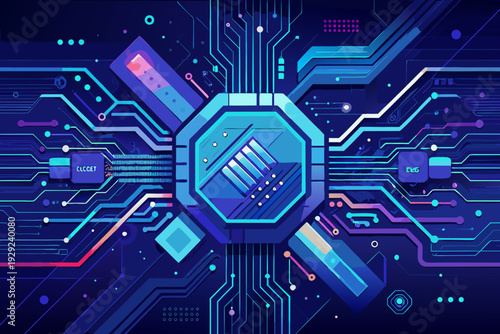 Octagonal central technology node radiates glowing lines across a complex dark blue circuit board layout with various linked modules.