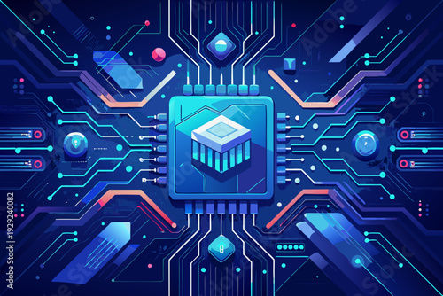 Microchip design displays intricate blue and orange circuit pathways connecting to a central square component with radiating pins.
