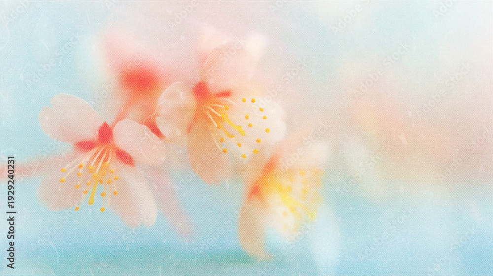 Fototapeta premium Soft blurred vintage backgrounds with Y2K floral pattern. Spring cherry blossom in soft focus with delicate shades create a calm and dreamy atmosphere.