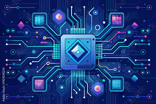 Square central processing unit chip is surrounded by intricate blue circuitry patterns and various glowing hexagonal nodes on a dark background.
