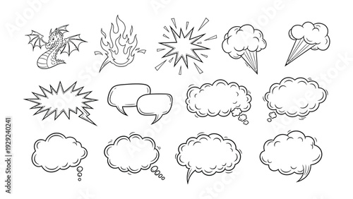 Comic Bubble Icon Set: A dynamic collection of comic bubble icons, depicting diverse speech and thought bubbles, capturing a range of expressions, from bursts of energy to introspective contemplation.