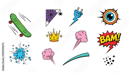 Dynamic Vector Collection: A captivating arrangement of vivid, hand-drawn vector elements for a playful design.