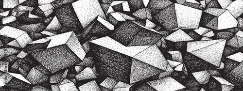 Abstract Geometric Forms: A collection of multifaceted geometric forms intermingle, showcasing a blend of angles and light, creating a dynamic display of design and shape.