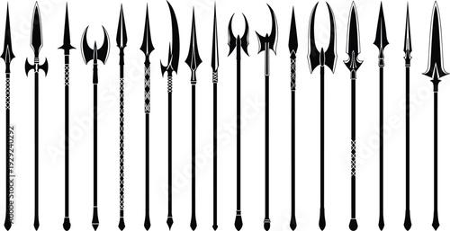 Collection of stylized spear and polearm silhouettes featuring unique blade designs, fantasy-inspired weapon art, and historical shapes for creative projects and visual storytellingl