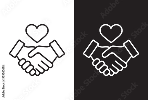 Minimal line art vector icon of shaking hands with heart symbol
