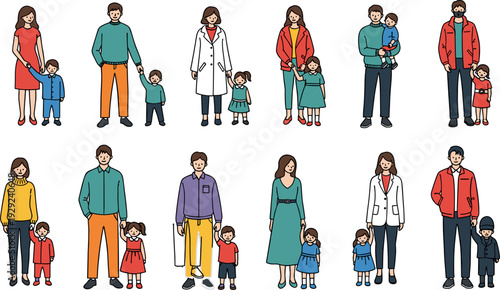 Diverse Families Collection with Parents and Children Standing Together Flat Vector Characters Set Representing Modern Family Life and Parenthood