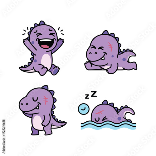 Cute cartoon dinosaur in various happy and sleepy poses with copy space