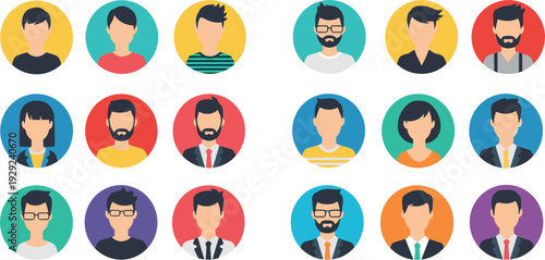 Diverse Male and Female Avatar Icons Set in Circular Frames with Modern Flat Style for Social Media Profiles and User Interface Design