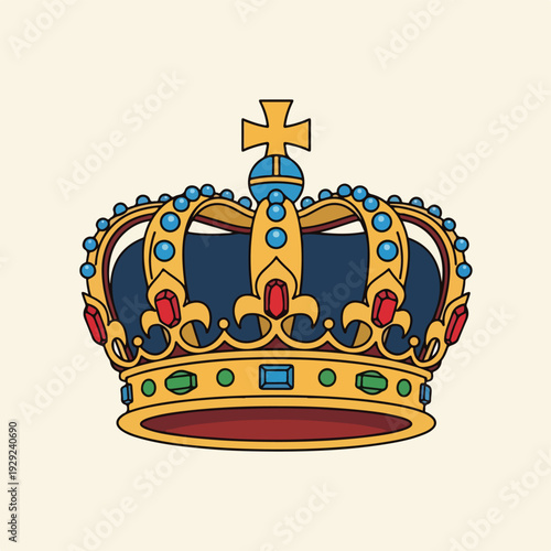 A regal golden crown with jewels, cross, and blue velvet