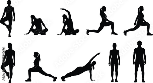 Silhouette collection of fitness and yoga exercise poses, ten figures in balance, stretch, lunge, and plank variations for design, wellness illustration, and commercial creative projects