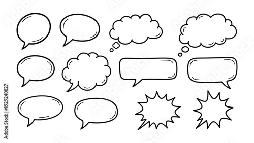 Dialogue Bubbles for Creative Communication: A collection of various hand-drawn dialogue bubbles, symbolizing thought, conversation, and expression.
