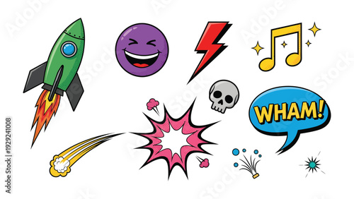 Comic Icons: A dynamic collection of vibrant comic book elements, ready to add a splash of fun and energy to any creative project. Featuring a rocket, emoji, lightning bolt, music note, skull.