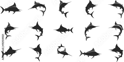 Marlin and swordfish silhouettes set, jumping ocean fish collection isolated on white background marine wildlife illustration