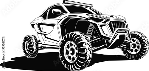 Off‑road vehicle silhouette vector illustration, rugged automotive design with deep‑tread tires, suspension, bumper, and adventure motifs