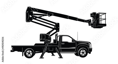 Bucket truck silhouette with extended hydraulic boom arm and utility worker basket for construction and maintenance