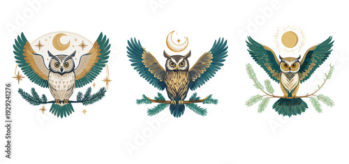 Symmetrical Folk Art Owl Vector with Moon Phases