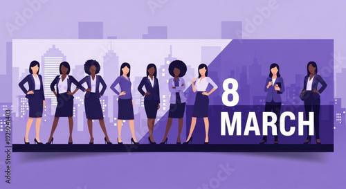 Diverse group of businesswomen standing together on international women's day march 8th celebrating female empowerment and equality